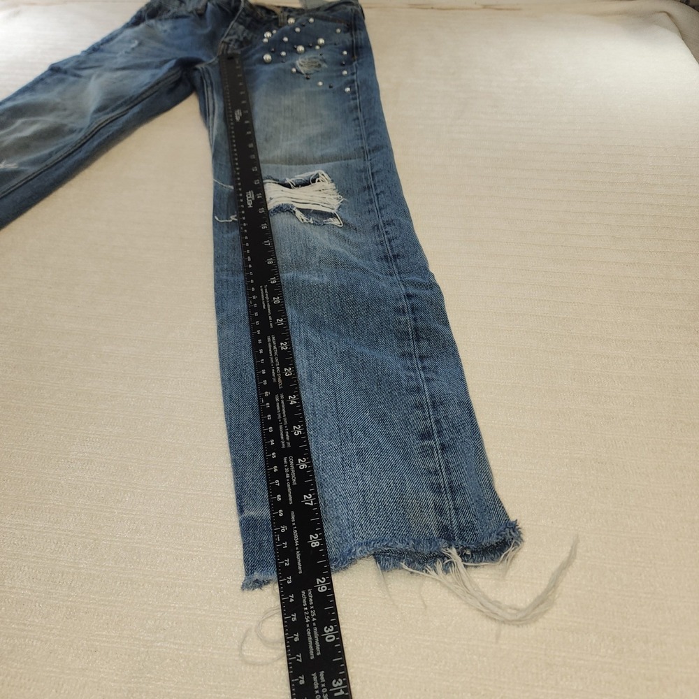 Zara‎ Basic Z1975 Distressed Pearl Embellished Straight Leg Jeans Blue Womens 00 - Picture 9 of 11